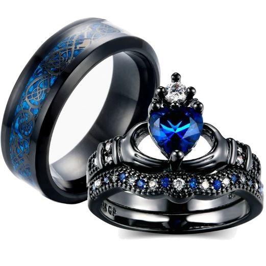 Wedding rings set his and hers-Couples Ring Set Clear Black & Blue Zirconia