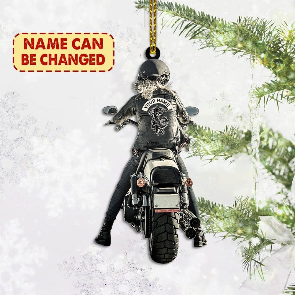 Lady Biker Back View Personalized Shape Acrylic Ornament Ornament / PACK 1 2 Sided Shape Acrylic Ornament (Combo Pack) Interest Pod