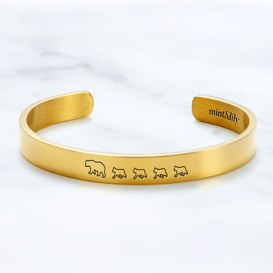 Mama Bear & Her Baby Bears Engraved Personalizable Cuff Bracelet 18k Gold Plated / Mama + 4 Cubs Bracelet For Woman MelodyNecklace