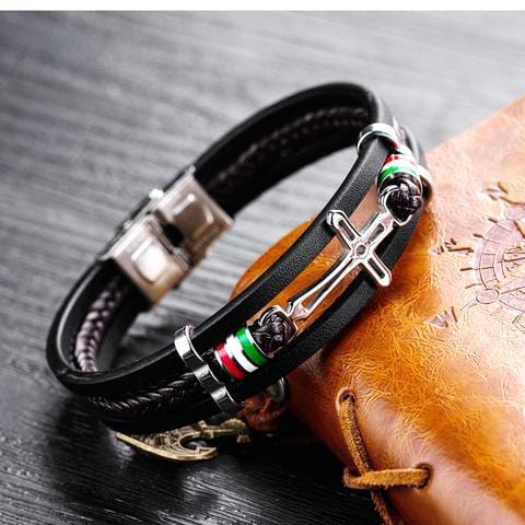 Men Leather Bracelet Stracked with Cross Charm Gifts for Him Bracelet For Man MelodyNecklace