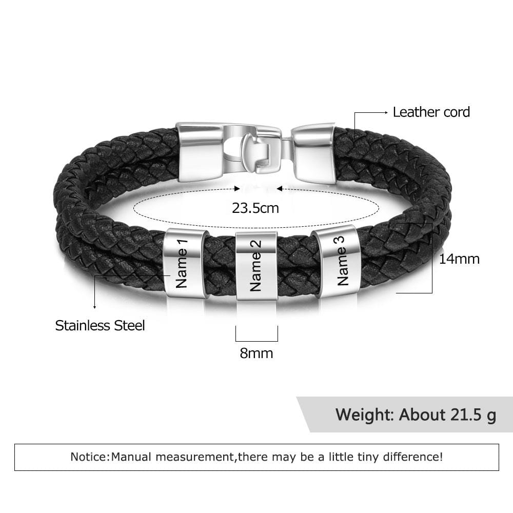 Men Leather Bracelet with Engraved Beads Custom Two Layers Bracelet Black Bracelet For Man MelodyNecklace