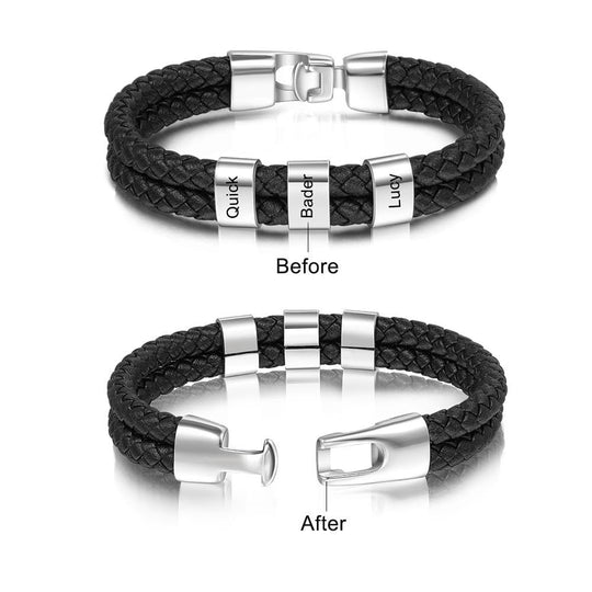 Men Leather Bracelet with Engraved Beads Custom Two Layers Bracelet Black Bracelet For Man MelodyNecklace