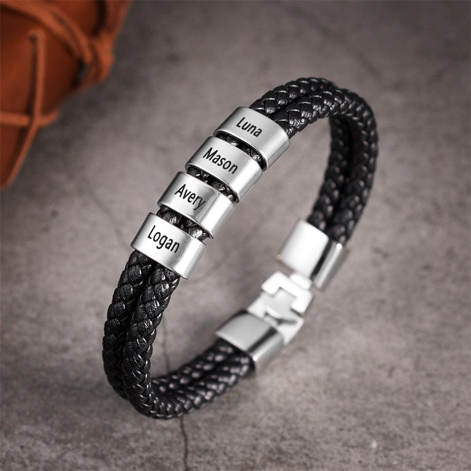 Men Leather Bracelet with Engraved Beads Custom Two Layers Bracelet Black Bracelet For Man MelodyNecklace