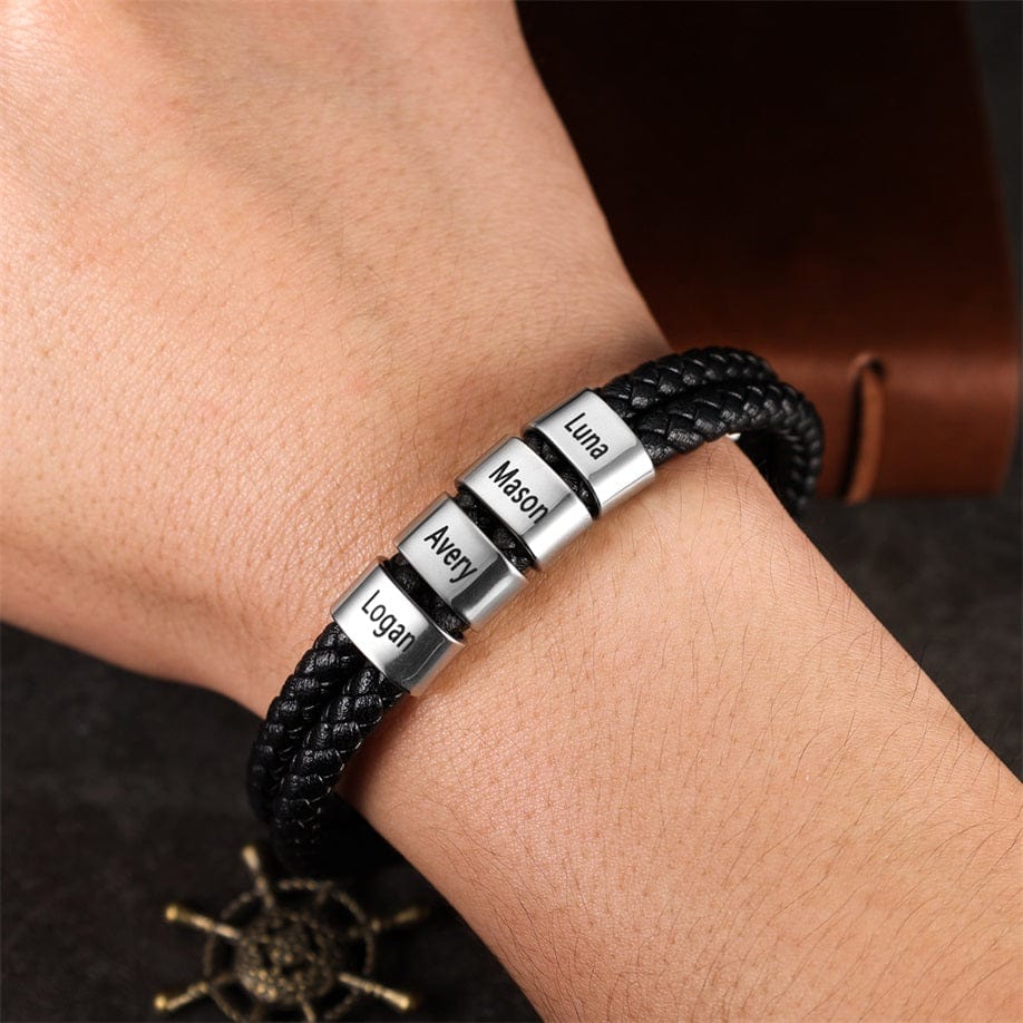 Men Leather Bracelet with Engraved Beads Custom Two Layers Bracelet Black Bracelet For Man MelodyNecklace