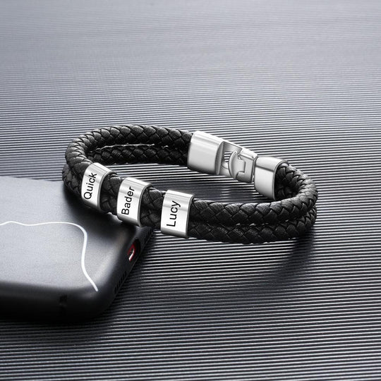 Men Leather Bracelet with Engraved Beads Custom Two Layers Bracelet Black n3