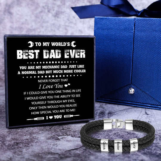 Men Leather Bracelet with Engraved Beads Custom Two Layers Bracelet Black Silver / TO MY DAD n3