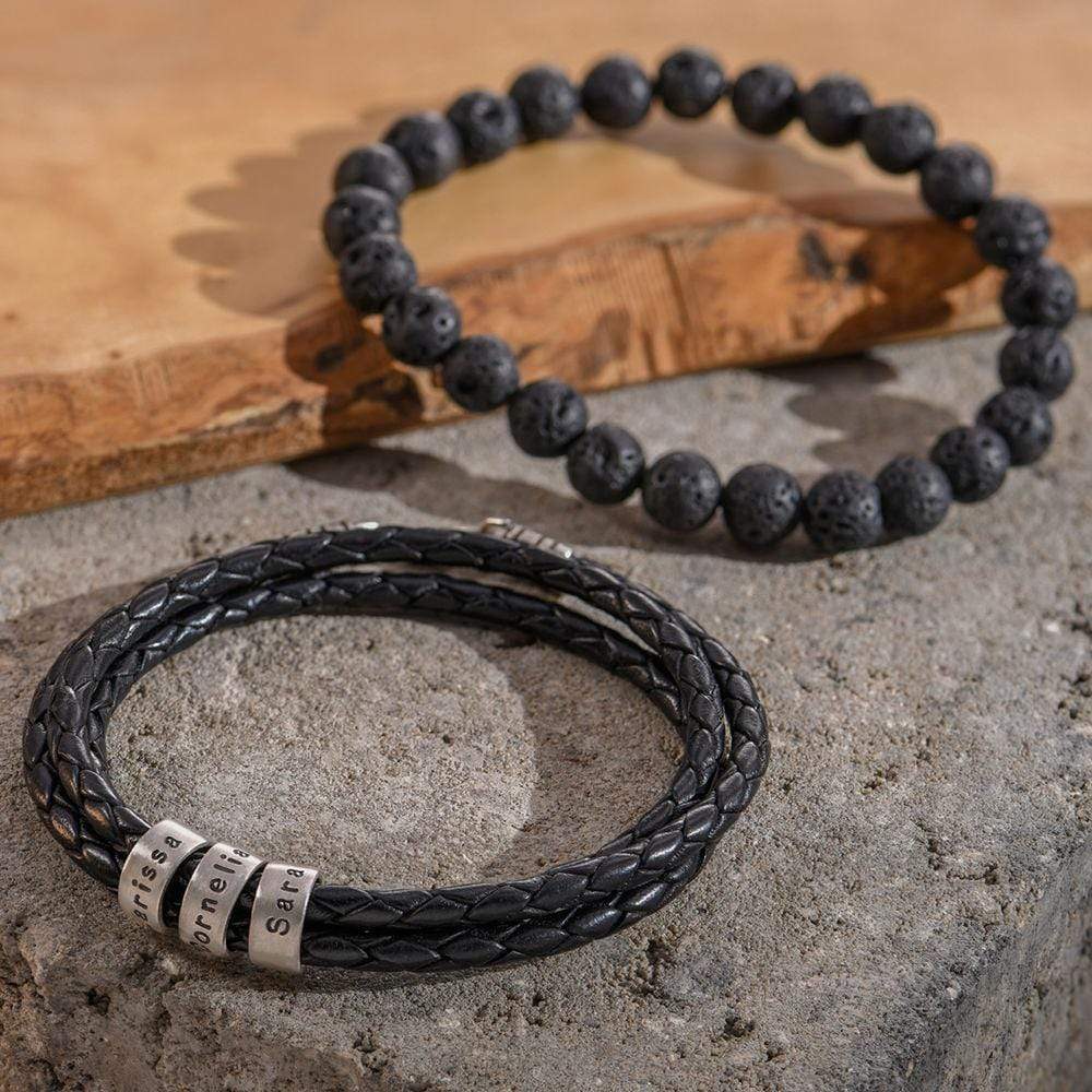 Men's Braided Leather Bracelet with Small Custom Beads-Lobster Closure Bracelet For Man MelodyNecklace