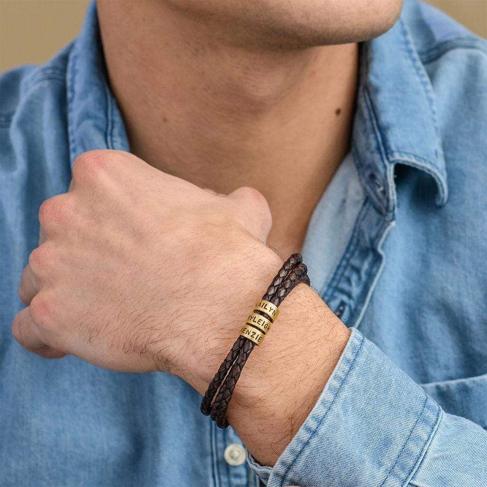 Men's Braided Leather Bracelet with Small Custom Beads-Lobster Closure Bracelet For Man MelodyNecklace