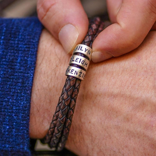 Men's Braided Leather Bracelet with Small Custom Beads-Lobster Closure Brown / Silver Bracelet For Man MelodyNecklace