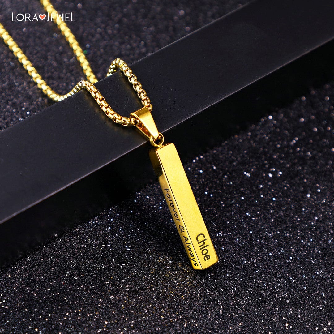 Men Vertical Bar Necklace Engraved 4 Side Personalized 3D Bar Necklace Gold r1