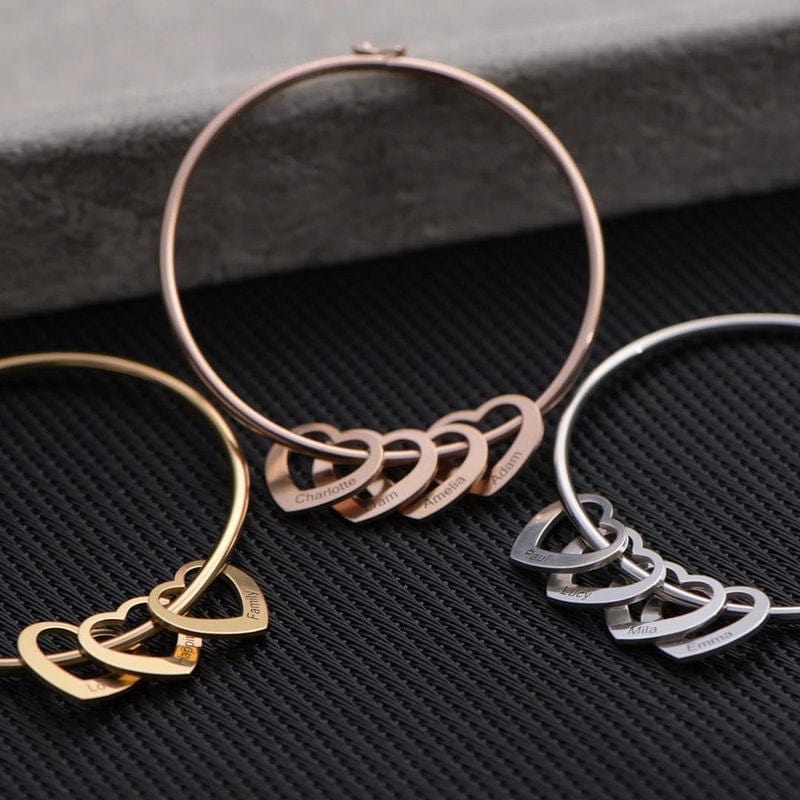 Mother's Day Gift Bangle Bracelet with Personalized Heart Shape Pendants MelodyNecklace