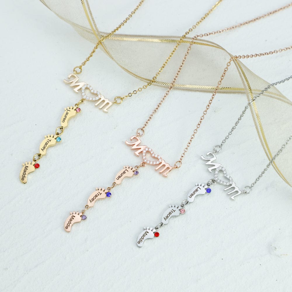 Mother's Day Gift Diamond Mom Necklace With Birthstone Baby Feet Mom Necklace MelodyNecklace