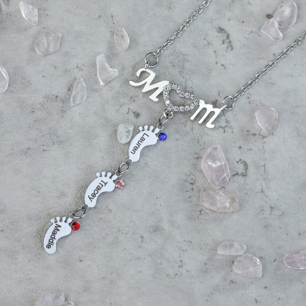 Mother's Day Gift Diamond Mom Necklace With Birthstone Baby Feet Mom Necklace MelodyNecklace