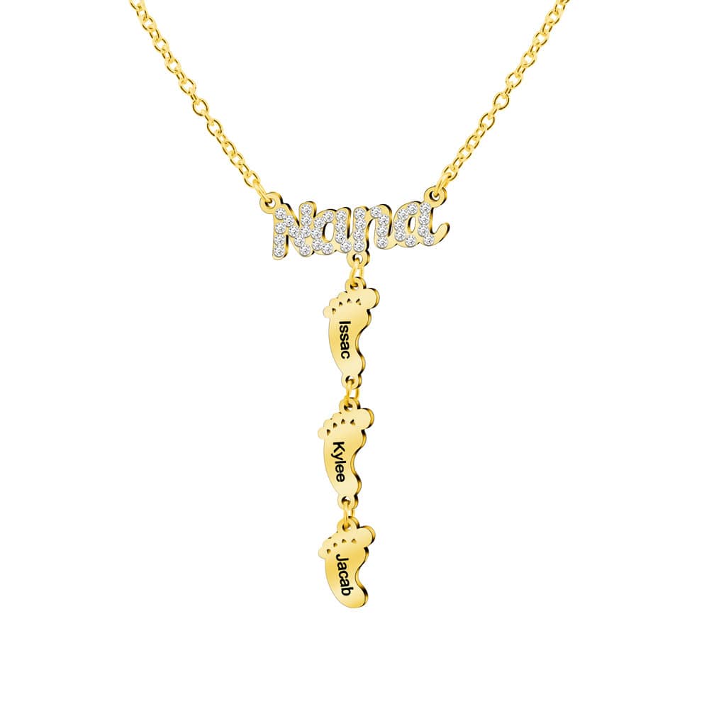 Mother's Day Gift Diamond Nana Necklace With Personalized Feet Gold Mom Necklace MelodyNecklace