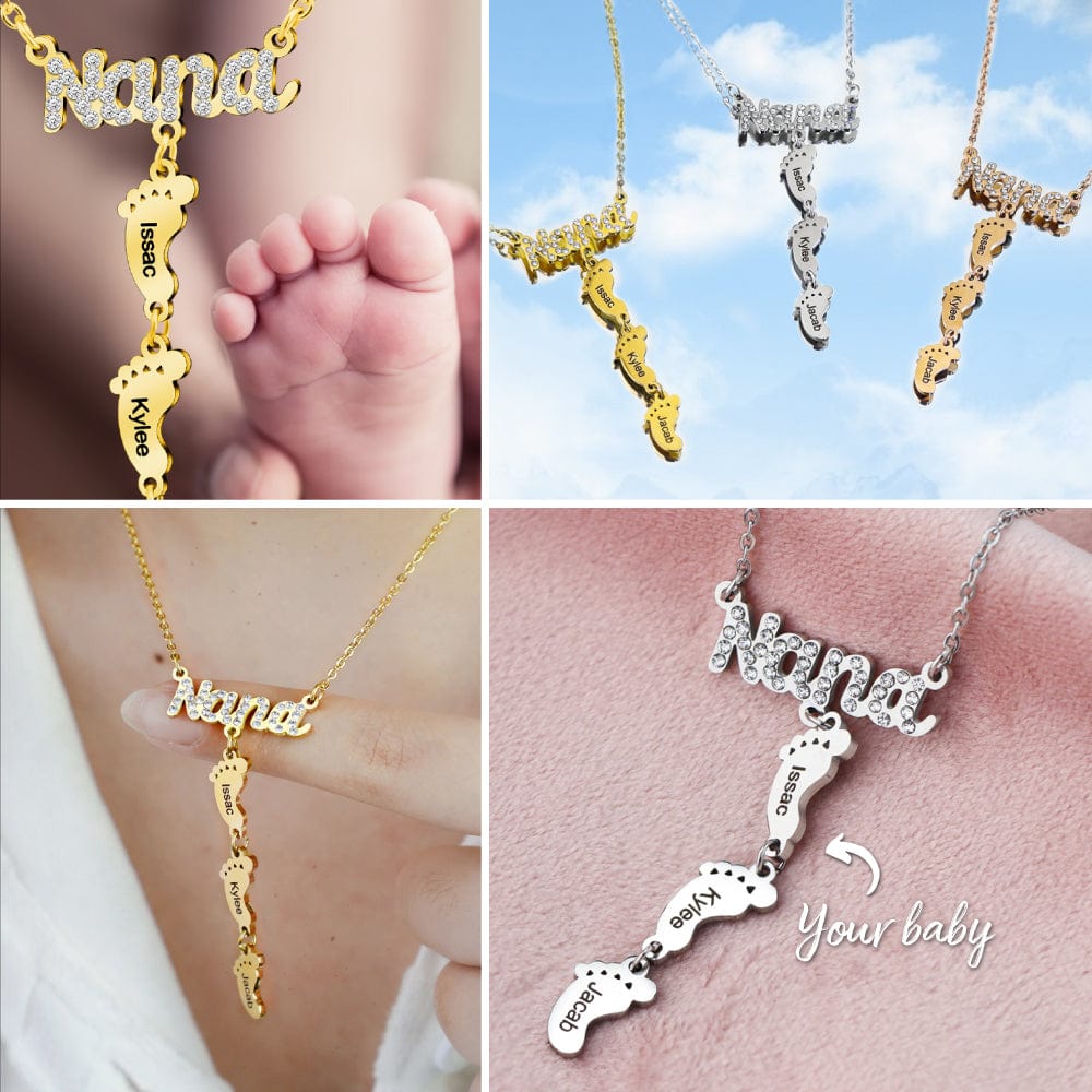 Mother's Day Gift Diamond Nana Necklace With Personalized Feet Mom Necklace MelodyNecklace