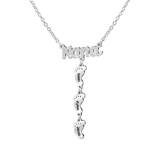 Mother's Day Gift Diamond Nana Necklace With Personalized Feet Silver Mom Necklace MelodyNecklace