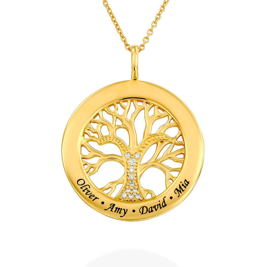 Mother's Day Gift Family Tree Circle Necklace with Diamond Gold Mom Necklace MelodyNecklace