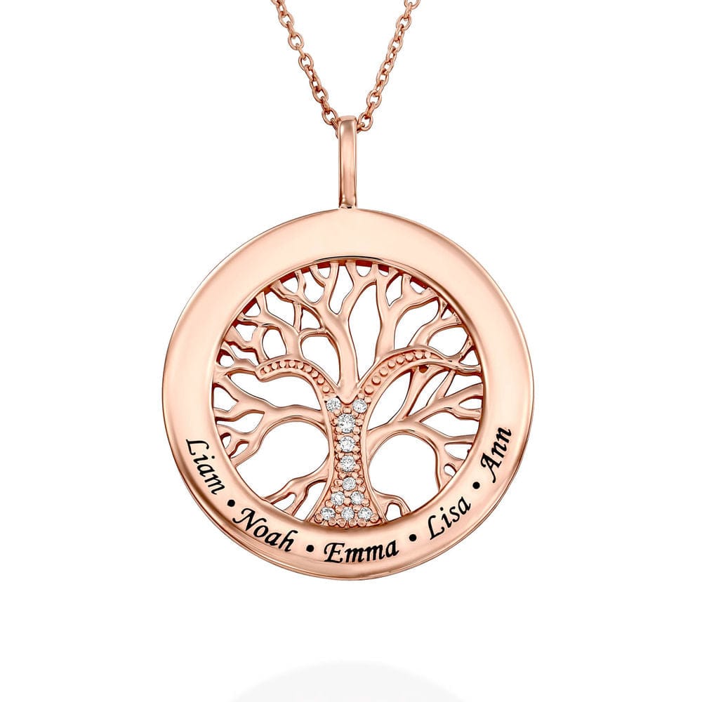 Mother's Day Gift Family Tree Circle Necklace with Diamond Rose Gold Mom Necklace MelodyNecklace