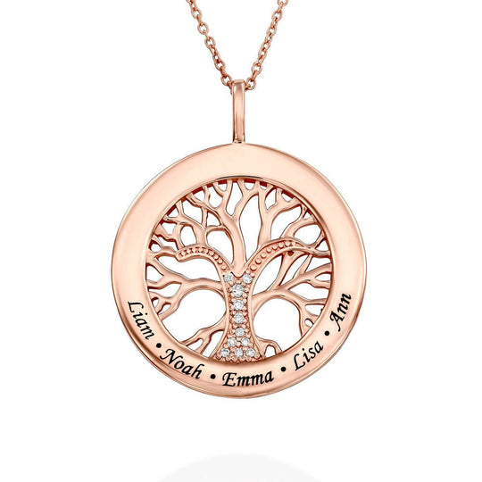 Mother's Day Gift Family Tree Circle Necklace with Diamond Rose Gold Mom Necklace MelodyNecklace