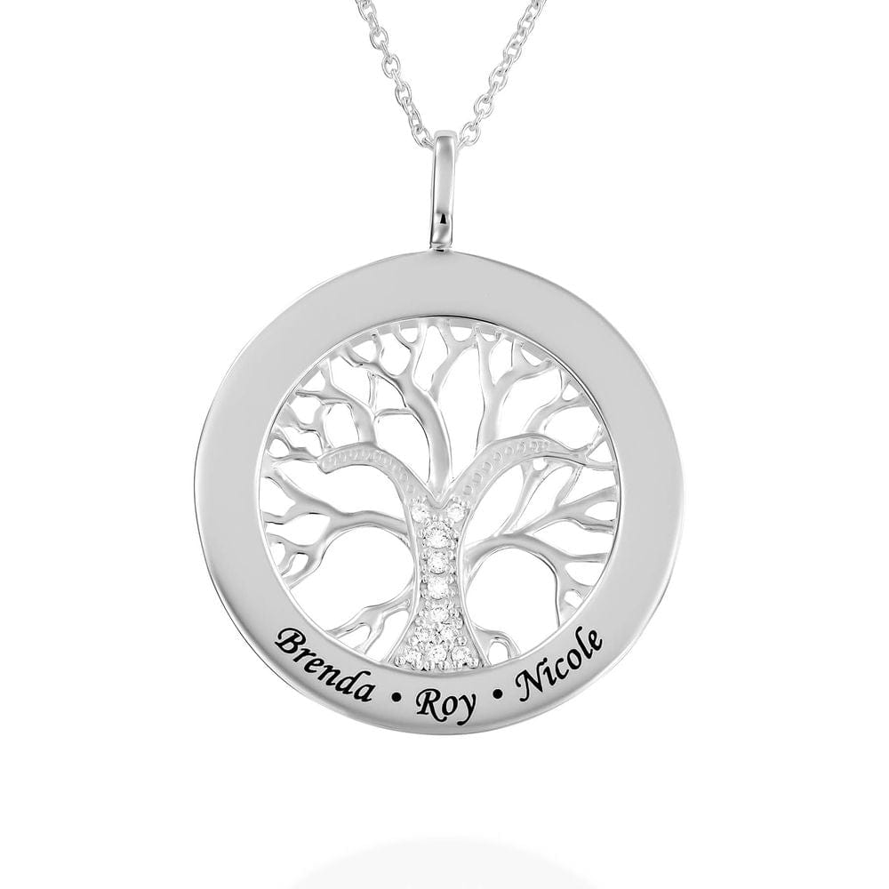 Mother's Day Gift Family Tree Circle Necklace with Diamond Silver Mom Necklace MelodyNecklace