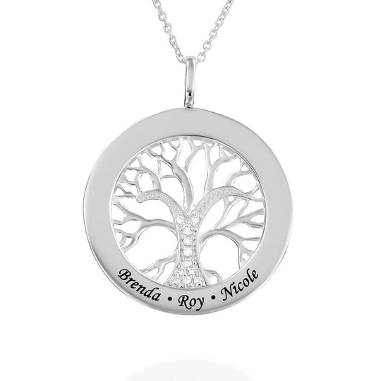 Mother's Day Gift Family Tree Circle Necklace with Diamond Silver Mom Necklace MelodyNecklace