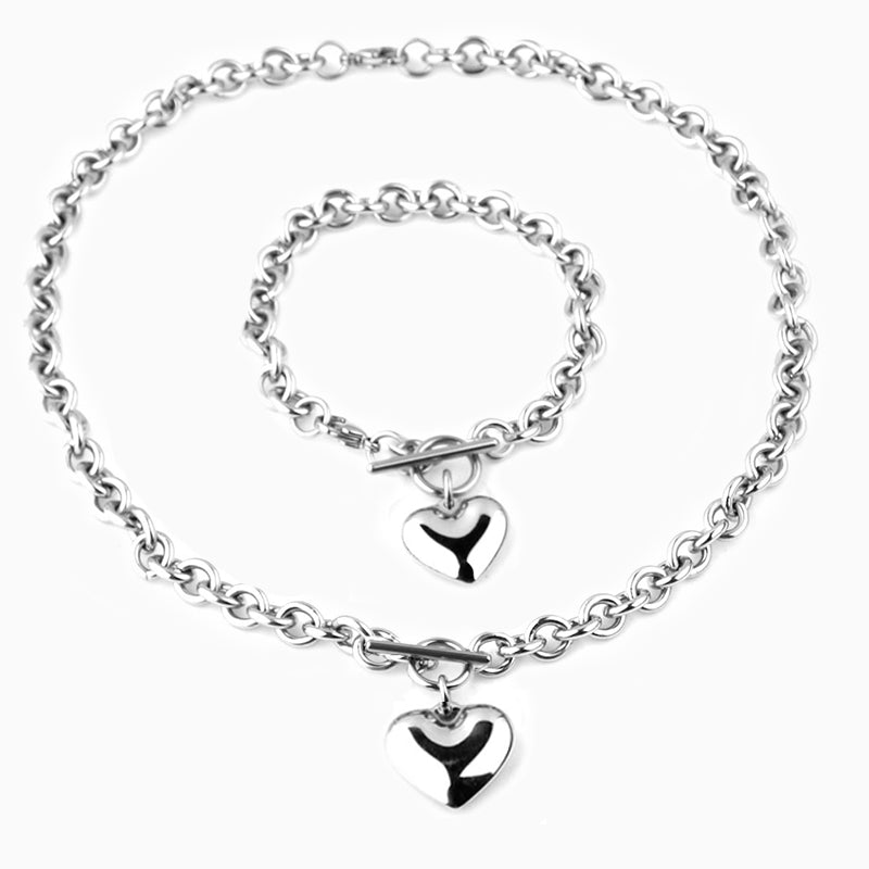 Lustrous Heart Necklace Bracelet Set