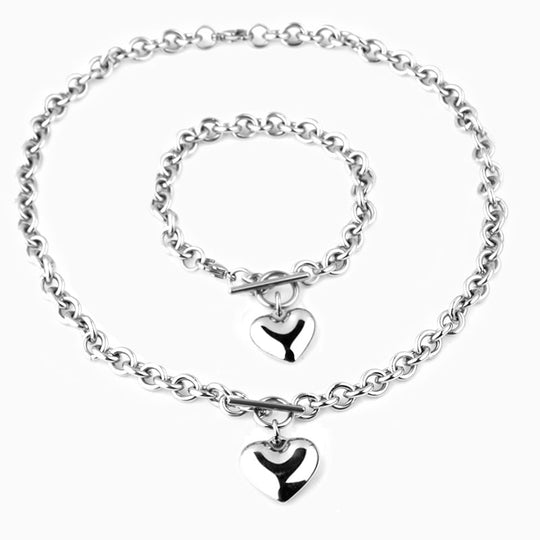 Lustrous Heart Necklace Bracelet Set