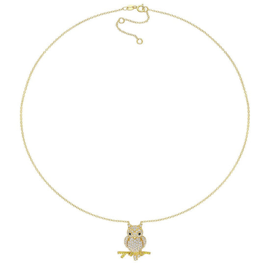 Owl Necklace with Lab-Created White and Yellow Sapphires & Black Spinel Necklace MelodyNecklace