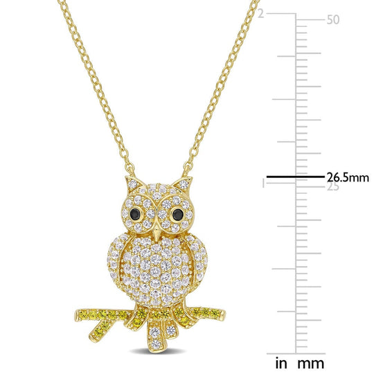 Owl Necklace with Lab-Created White and Yellow Sapphires & Black Spinel Necklace MelodyNecklace