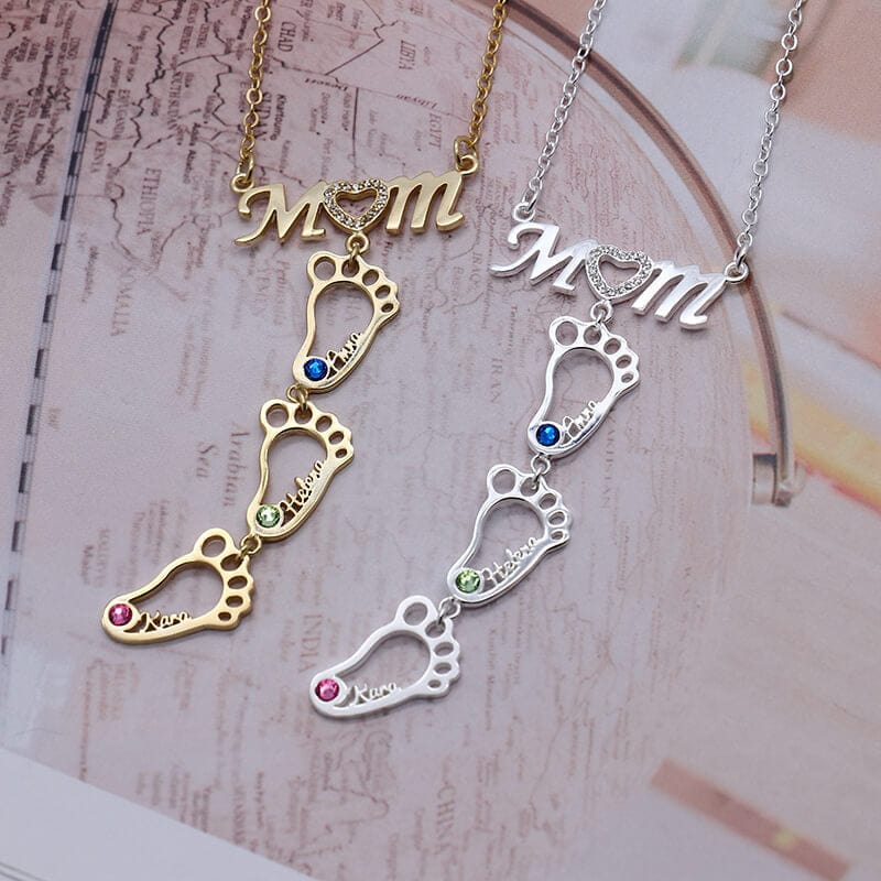 Personalized 1-8 Footprint Name Necklace With Birthstones mylongingnecklace