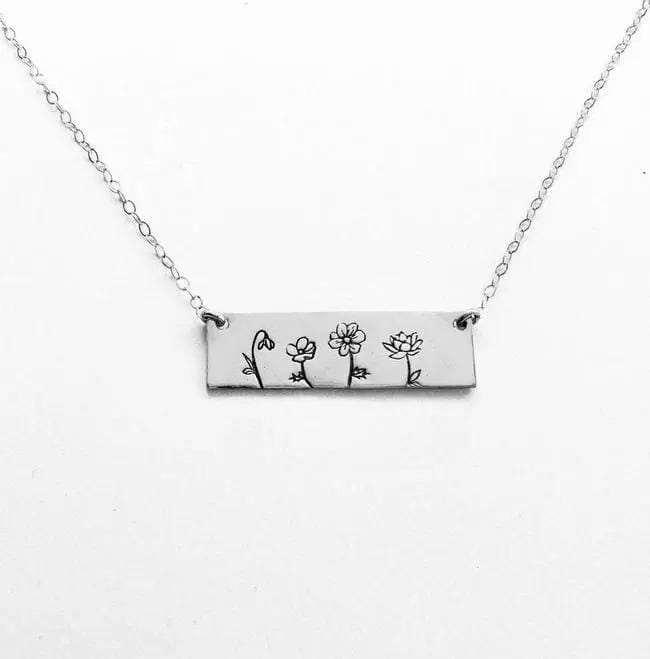 Personalized Birthmonth flower Bar Necklace Silver Necklace MelodyNecklace