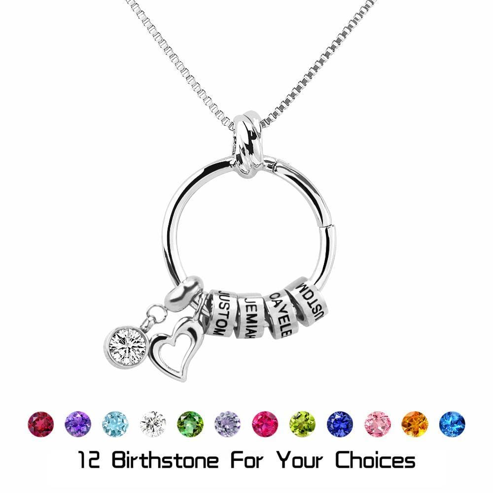 Personalized Circle Necklace with Name and Birthstone beads(leaf/heart/mom charm for choice) Mom Necklace MelodyNecklace