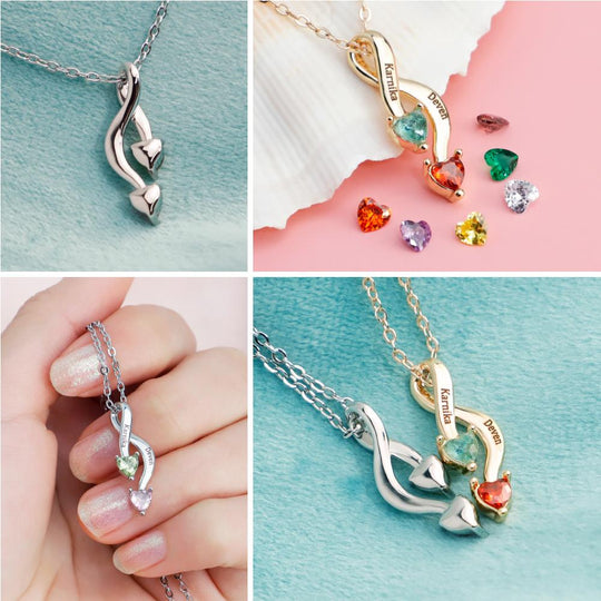 Personalized Couple 2 Names 2 Heart Birthstones Infinity Promise Pendant Necklace Necklace MelodyNecklace