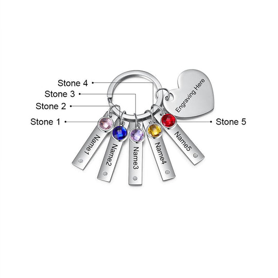 Personalized Heart Keychain with Birthstones Engraved 5 Names Family Keychain b5-n5-t1