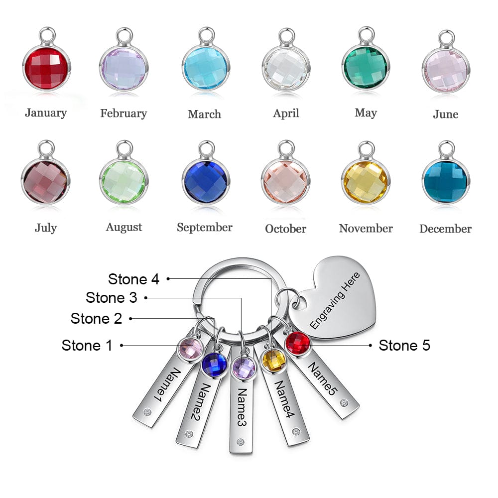 Personalized Heart Keychain with Birthstones Engraved Names Family Keychain Keychain MelodyNecklace