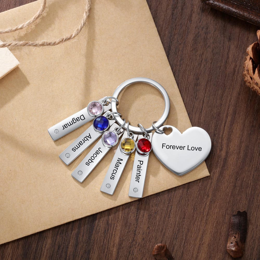 Personalized Heart Keychain with Birthstones Engraved Names Family Keychain Keychain MelodyNecklace