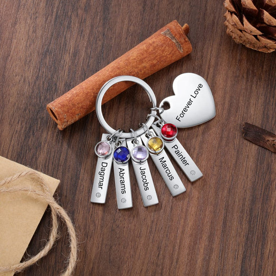 Personalized Heart Keychain with Birthstones Engraved Names Family Keychain Keychain MelodyNecklace