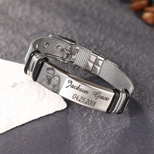 Personalized Men Photo Bracelet Engraved ID Bar Bracelet for Boyfriend Bracelet For Man MelodyNecklace