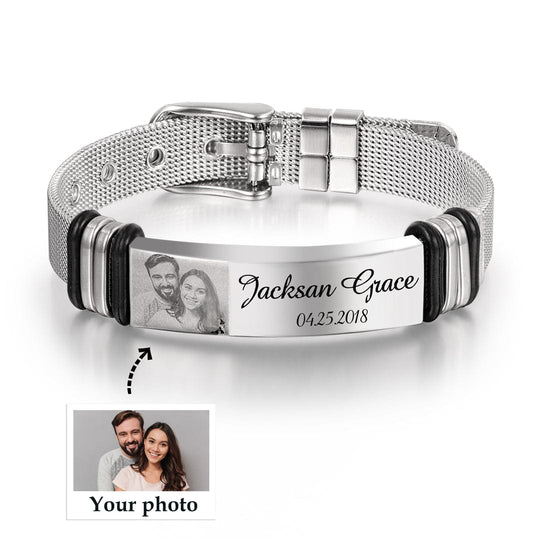 Personalized Men Photo Bracelet Engraved ID Bar Bracelet for Boyfriend Bracelet For Man MelodyNecklace