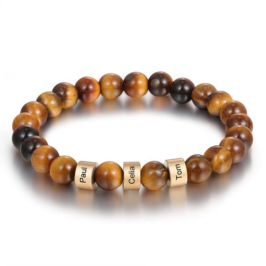 Personalized Tiger Eye Bracelet with 3 Names Beaded Men Bracelet Gold / 7.7" / None Bracelet For Man MelodyNecklace