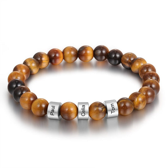 Personalized Tiger Eye Bracelet with 3 Names Beaded Men Bracelet Silver / 7.7" / None Bracelet For Man MelodyNecklace