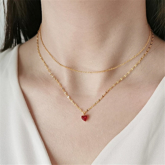 Red Heart Necklace Crystal Pendant With Chain Layered Necklace