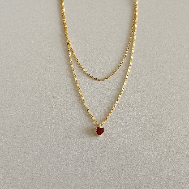 Red Heart Necklace Crystal Pendant With Chain Layered Necklace