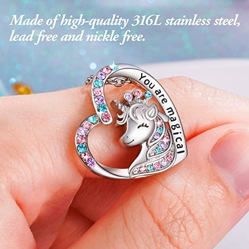 Shonyin Unicorn Necklace for Women Girls CZ Stone Heart Pendant Necklace with You are Magical Message Christmas Birthday Party Jewelry Gift for Daughter Granddaughter Niece Crown Silver Pendant Necklaces Visit the Shonyin Store