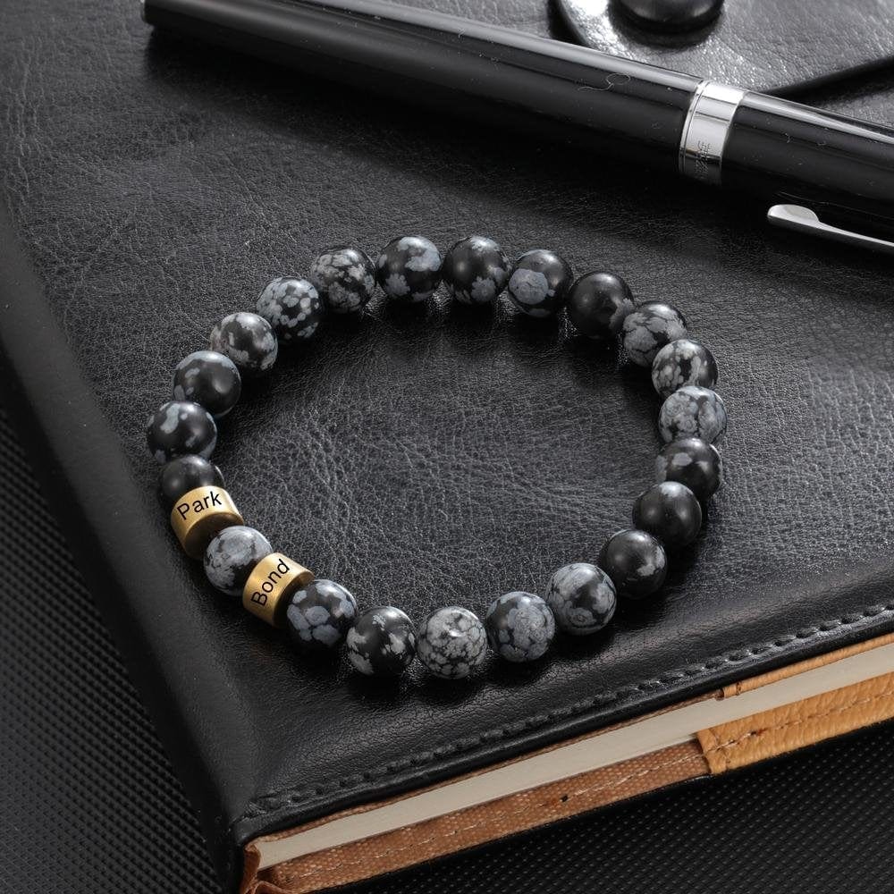 Tiger Eye Men Bracelet Personalized with Beaded Warp Bracelet Grey Labradorite / 8.3“ / Gold Quillingx