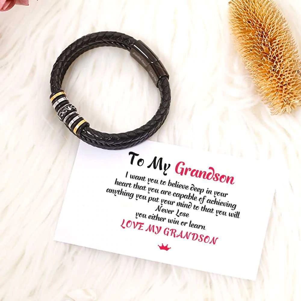 To My Grandson, Inspirational Leather Bracelet Bangle with Message Card Gifts For Him n1